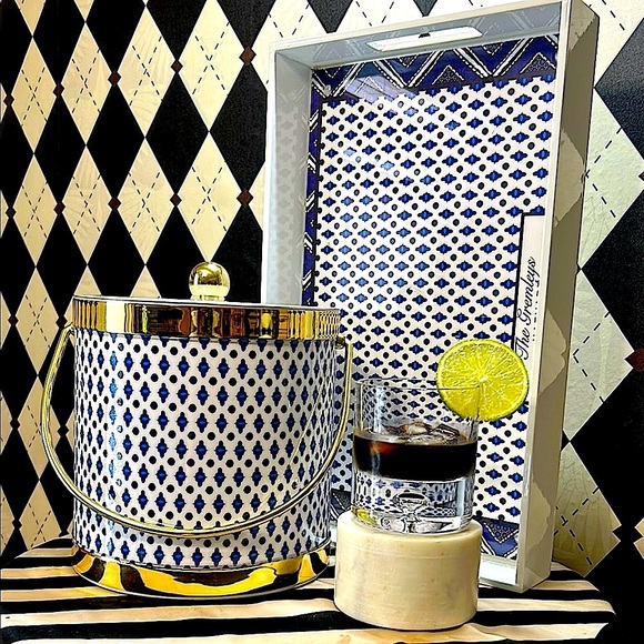 Blue & White Ice Bucket & Tray Set with Gold Trim | Bar Cart Glam - Picture 7 of 14